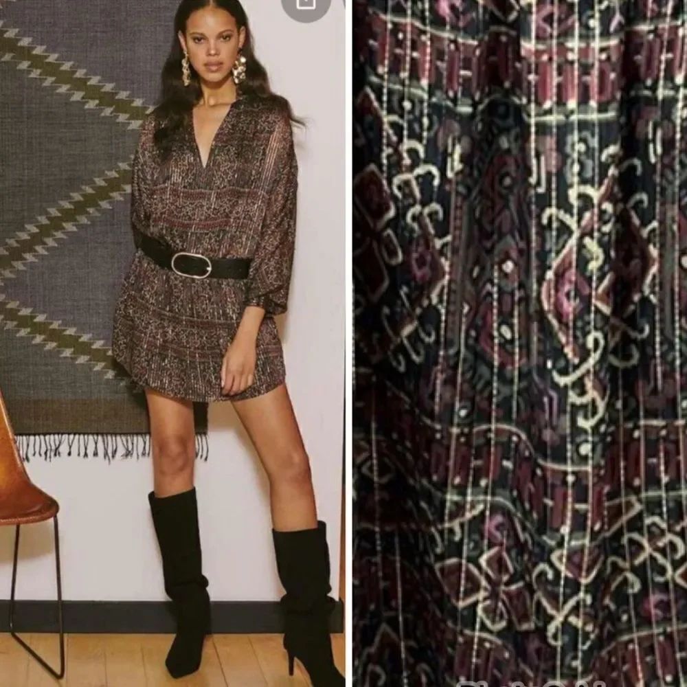 FRAME Party Paisley Metallic Silk Long Sleeve Minidress Large Deep Moss Multi
